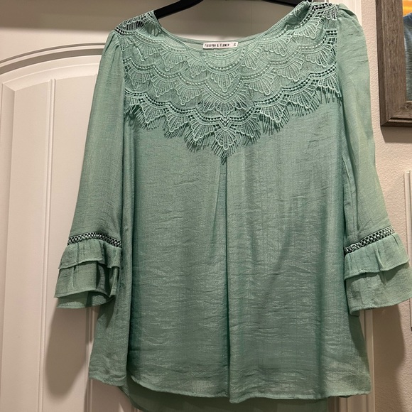 figueroa & flower Tops - Green Lace Accent Blouse